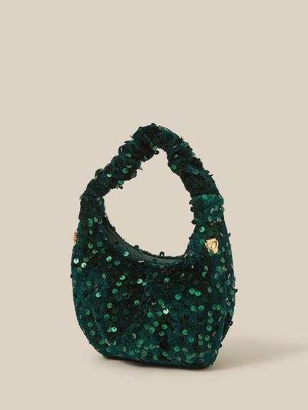 Monsoon Kids' Sequin Velvet Slouch Bag, Green - view 2, Green