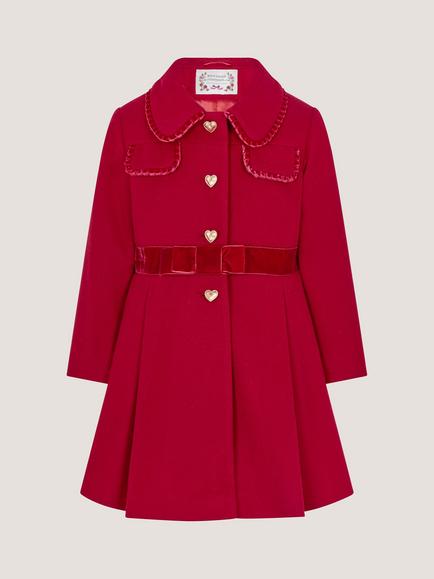 Monsoon Kids' Velvet Bow A-Line Coat, Red, Red