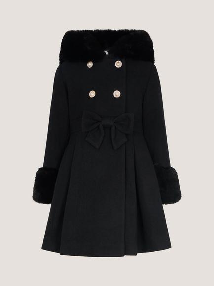 Monsoon Kids' Bow Faux Fur Double-Breasted Coat, Black, Black