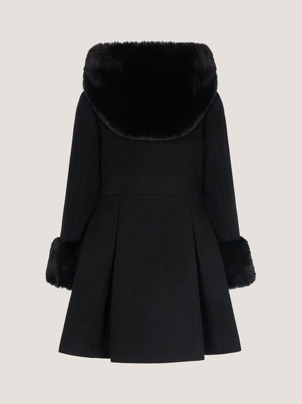 Monsoon Kids' Bow Faux Fur Double-Breasted Coat, Black - view 2, Black