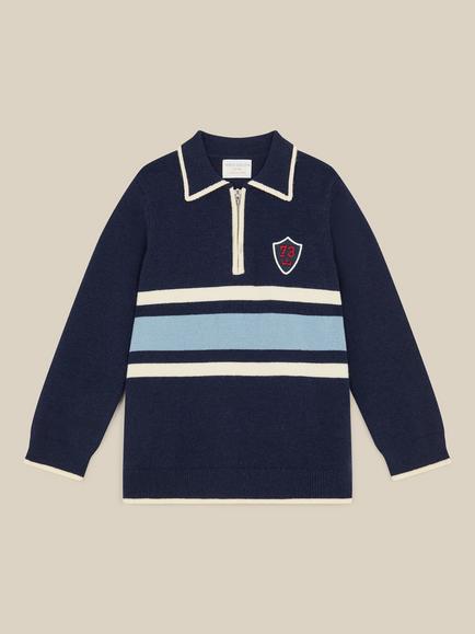 Monsoon Kids' Collared Half Zip Striped Jumper, Navy, Navy