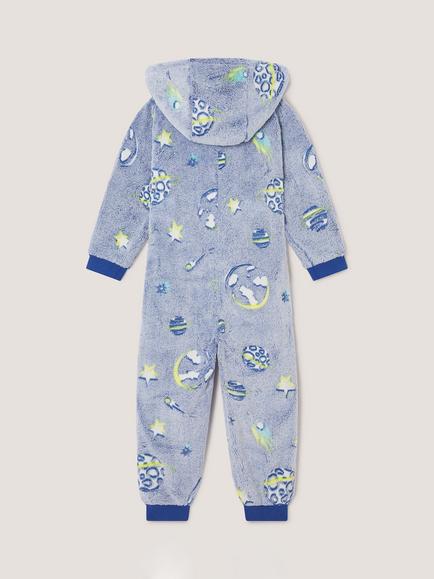 Monsoon Kids' Glow In The Dark Space Fleece Onesie, Blue - view 2, Blue
