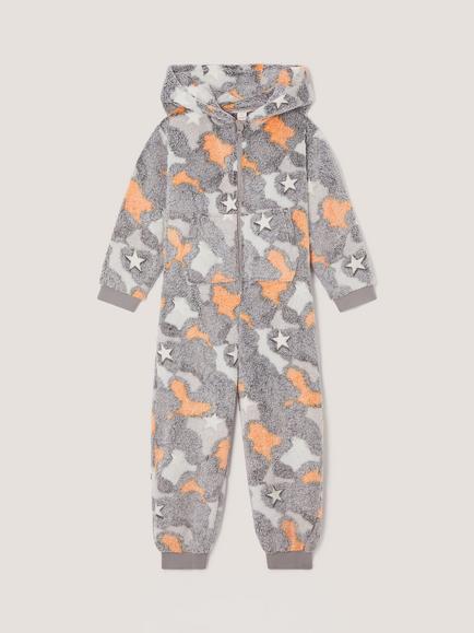 Monsoon Kids' Glow In The Dark Camo Fleece Onesie, Grey, Grey