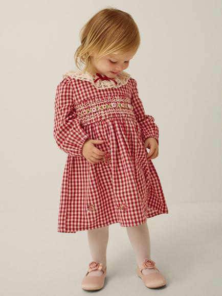 Monsoon Baby Embroidered Gingham Dress & Bloomers Set, Burgundy, Burgundy