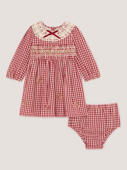 Monsoon Baby Embroidered Gingham Dress & Bloomers Set, Burgundy - view 2, Burgundy