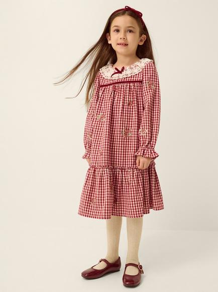 Monsoon Kids' Lace Collar Embroidered Gingham Dress, Burgundy, Burgundy