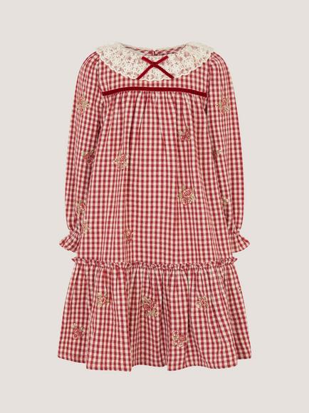 Monsoon Kids' Lace Collar Embroidered Gingham Dress, Burgundy - view 2, Burgundy
