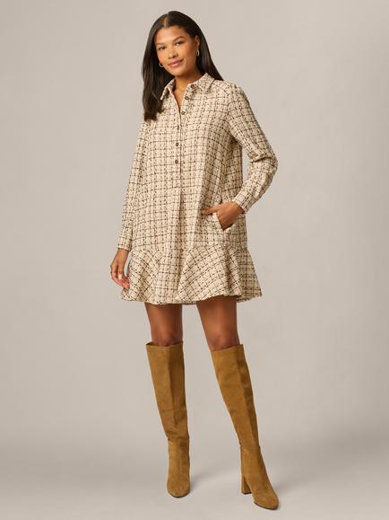 Adrianna Papell Tweed Shift Shirt Dress, Parchment, Parchment
