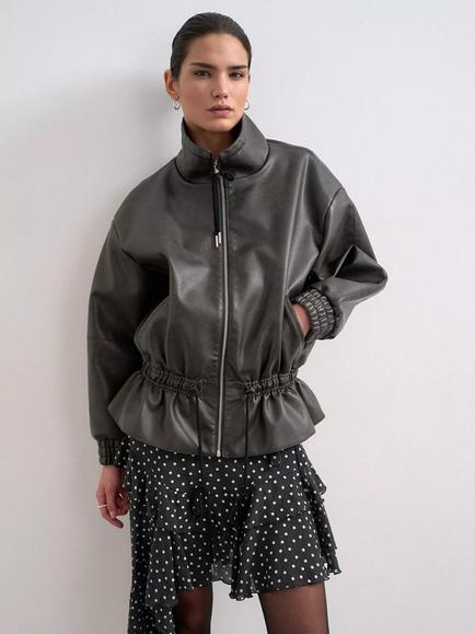 Topshop Toggle Waist Funnel Neck Zip Through Faux Leather Jacket, Black, Black