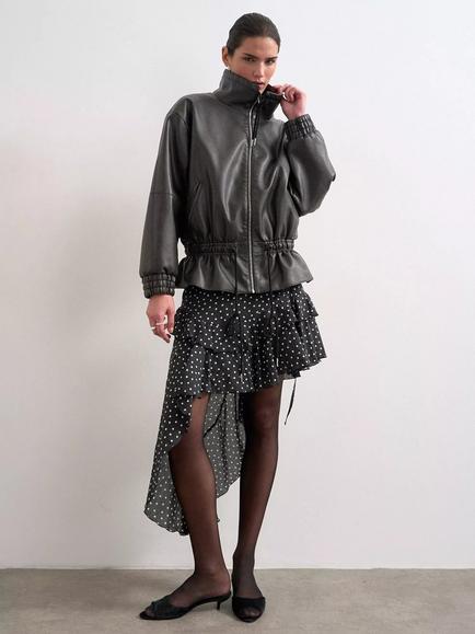 Topshop Toggle Waist Funnel Neck Zip Through Faux Leather Jacket, Black - view 2, Black