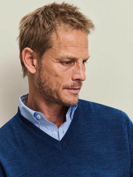 Charles Tyrwhitt V Neck Merino Wool Jumper - view 2, Royal Blue