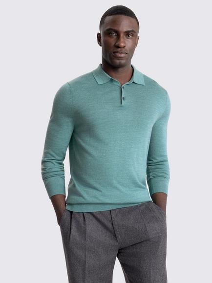 Moss Merino Wool Blend Long Sleeve Polo Shirt, Teal, Teal