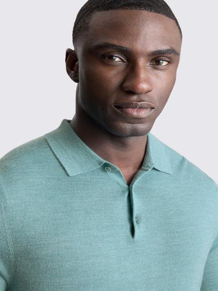 Moss Merino Wool Blend Long Sleeve Polo Shirt, Teal - view 2, Teal
