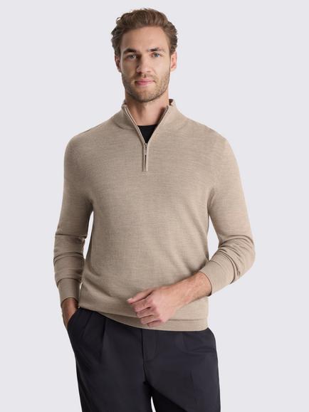 Moss Merino Wool Blend Zip Neck Jumper, Taupe, Taupe