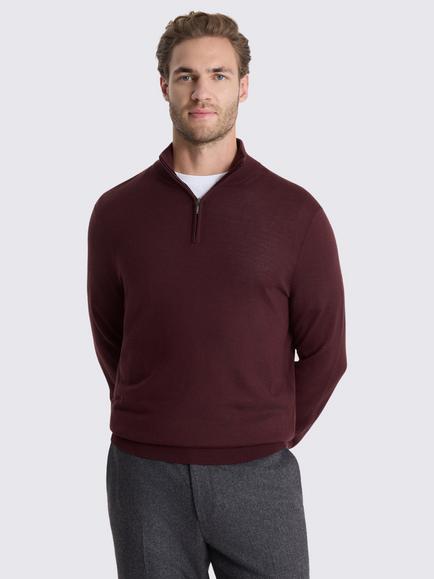 Moss Merino Wool Blend Zip Neck Jumper, Wine, Wine