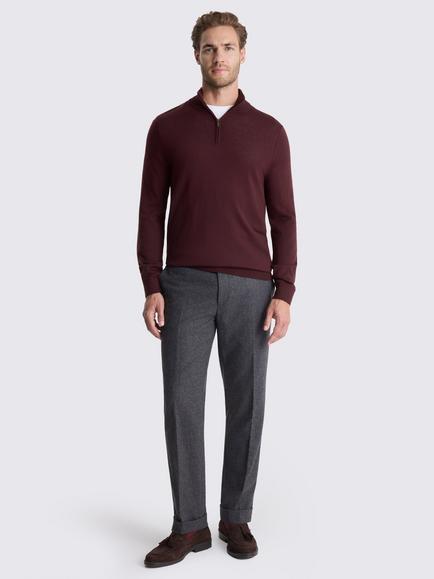 Moss Merino Wool Blend Zip Neck Jumper, Wine - view 2, Wine