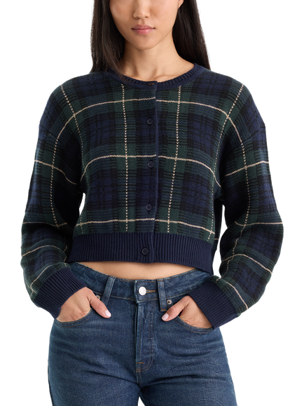 Good American Cotton Rich Jacquard Cardigan, Green/Navy, Green/Navy
