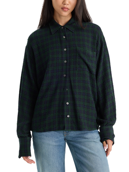 Good American Check Crinkle Easy Fit Shirt, Green/Navy, Green/Navy