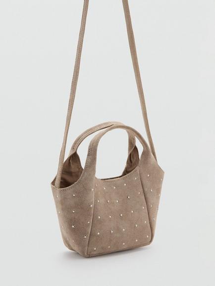 Mango Kids' Studded Leather Mini Tote Crossbody Bag, Sand - view 2, Sand