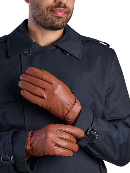 totes Isotoner Men's Premium Leather Perforated Gloves, Tan - view 2, Tan