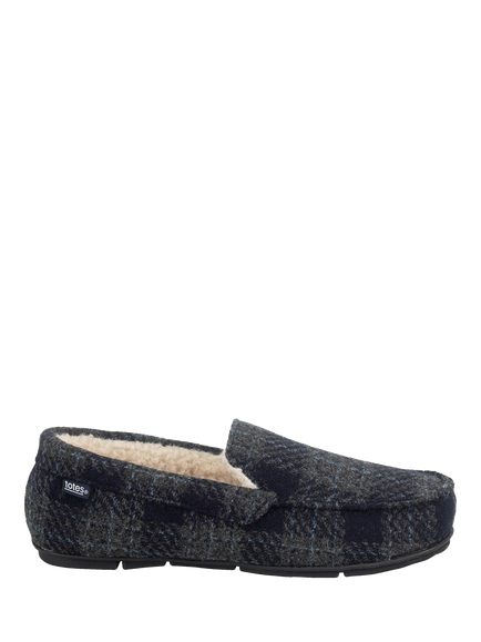 totes Men's Check Moccasin Slippers, Navy Check, Navy Check