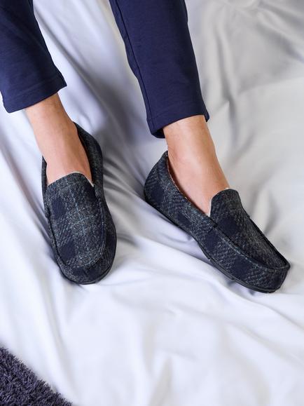 totes Men's Check Moccasin Slippers, Navy Check - view 2, Navy Check