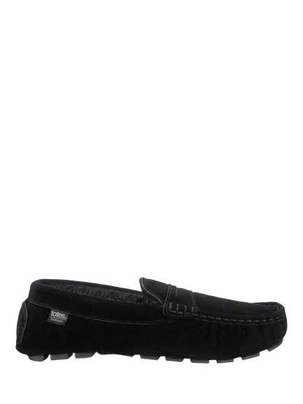totes Isotoner Men's Suede Faux Fur Moccasin Slippers, Black