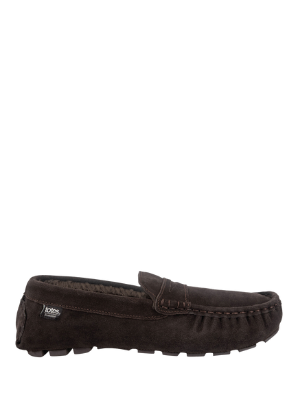 totes Isotoner Men's Suede Faux Fur Moccasin Slippers, Brown