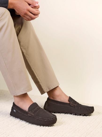 totes Isotoner Men's Suede Faux Fur Moccasin Slippers - view 2, Brown
