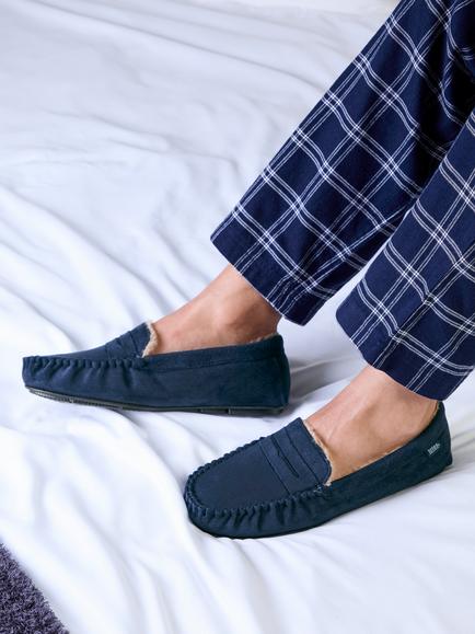 totes Men's Suedette Moccasin Slippers, Navy - view 2, Navy