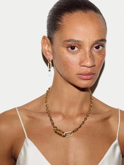 Jigsaw Pavé Crystal Chain Necklace, Gold - view 2, Gold