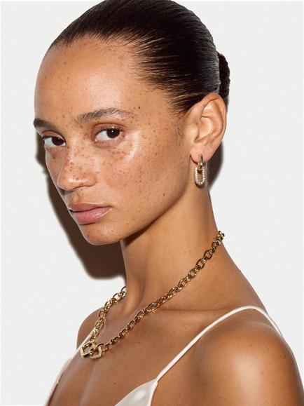 Jigsaw Pavé Crystal Hoop Drop Earrings, Gold - view 2, Gold