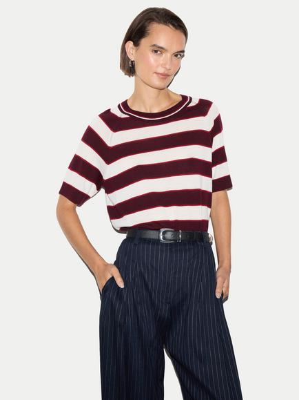 Jigsaw Wool Regular Fit Three Quarter Length Stripe T-Shirt, Burgundy, Burgundy