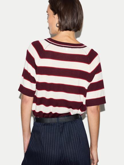 Jigsaw Wool Regular Fit Three Quarter Length Stripe T-Shirt, Burgundy - view 2, Burgundy