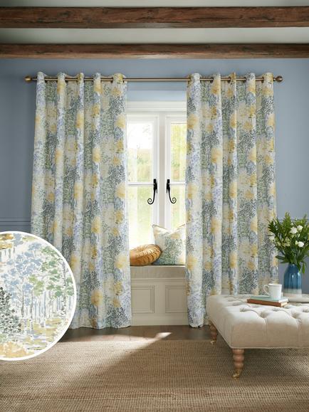 Laura Ashley Bernwood Pair Lined Eyelet Curtains, Ochre Yellow - view 2, Ochre Yellow