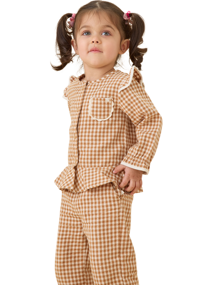 MORI Baby Straight Gingham Trousers, Brown Check - view 2, Brown Check