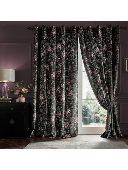 Laura Ashley Edita's Garden Pair Lined Eyelet Curtains, Charcoal, Charcoal