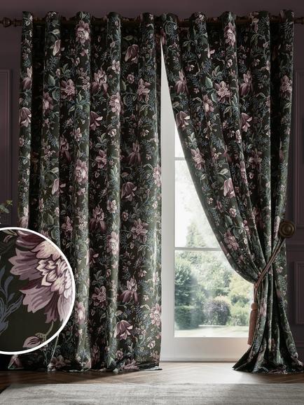 Laura Ashley Edita's Garden Pair Lined Eyelet Curtains, Charcoal - view 2, Charcoal
