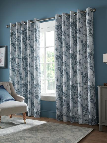 Laura Ashley Millhayes Pair Lined Eyelet Curtains, Smoke Blue, Smoke Blue