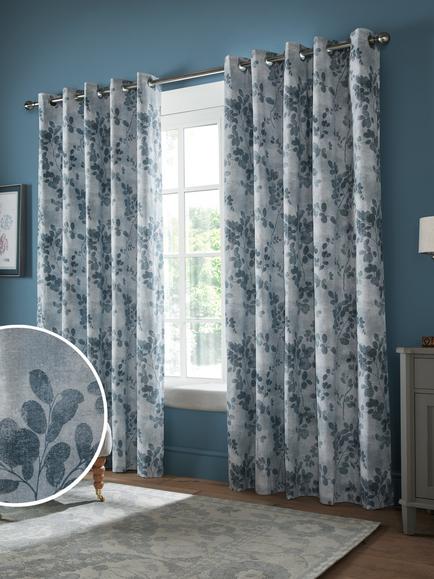 Laura Ashley Millhayes Pair Lined Eyelet Curtains, Smoke Blue - view 2, Smoke Blue