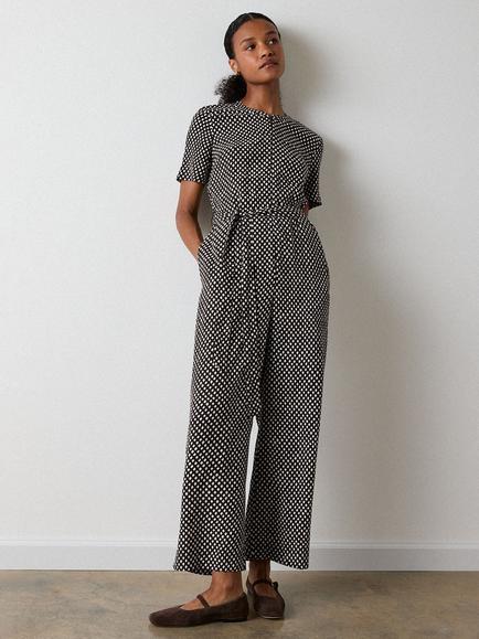Whistles Petite Check Short Sleeve Jumpsuit containing LENZING™ ECOVERO™ Viscose, Brown/Multi