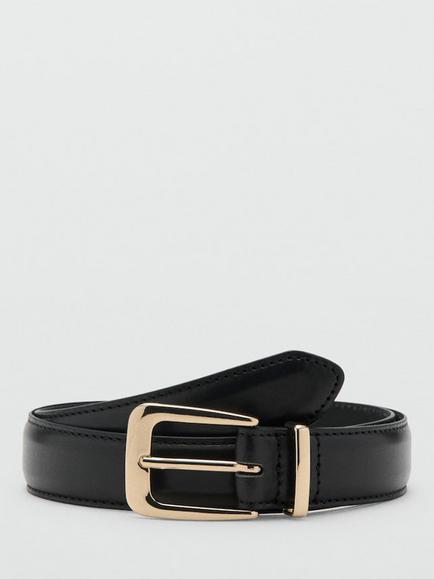 Mango Heritage Signature Sculpted Buckle Leather Belt, Black, Black
