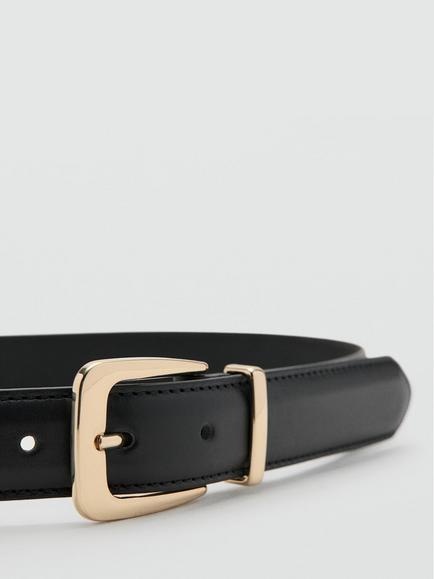 Mango Heritage Signature Sculpted Buckle Leather Belt, Black - view 2, Black