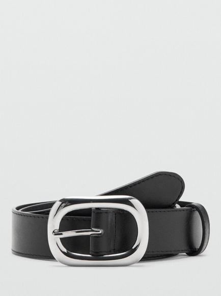 Mango Sculpted Oval Buckle Waist Belt, Black