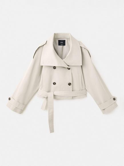 Mango Cropped Double-Breasted Belted Jacket, Stone, Stone