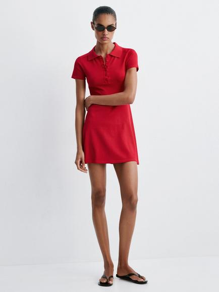 Mango Button-Front Polo Knit Mini Dress, Red, Red