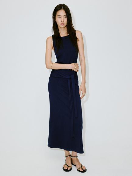 Mango Sleeveless Draped Tie Detail Midi Dress, Navy, Navy