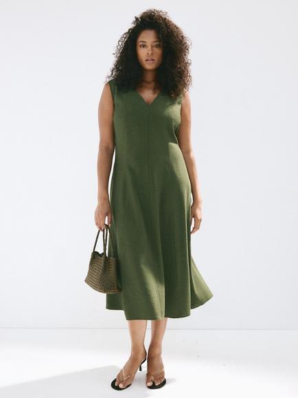 Mango Sleeveless V-Neck Midi Dress, Khaki, Khaki