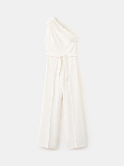 Mango Keira Asymmetric One Shoulder Belted Jumpsuit, Off White