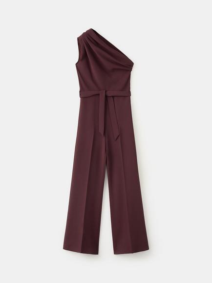 Mango Keira Asymmetric One Shoulder Belted Jumpsuit, Plum